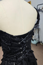 Luxury Black Sequin Mermaid Prom Dress – Illusion Corset Bodice with 3D Beaded Lace & Off-the-Shoulder Detail | 2026 Gothic Glamour Evening Collection (ZD17397)