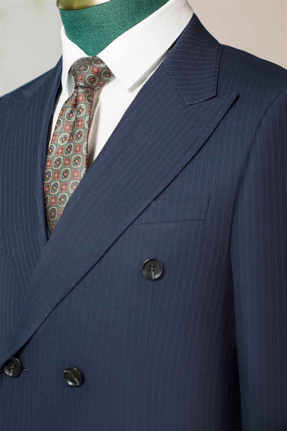 Traje Formal de Lana Azul Marino con Rayas y Doble Botonadura para Novios y Negocios