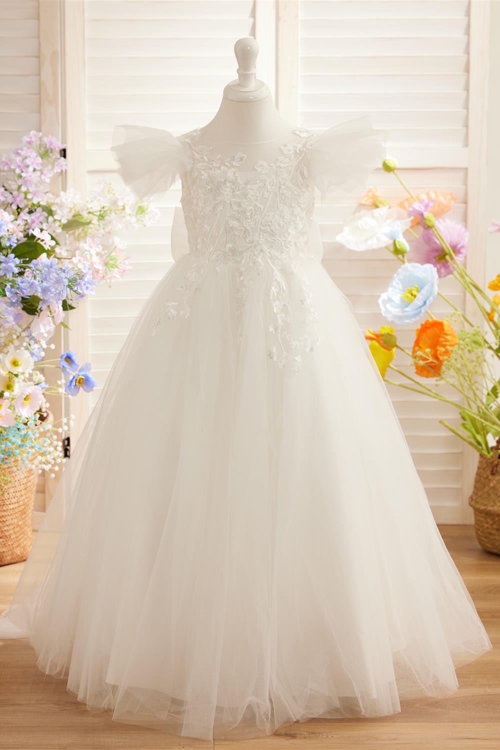 Detachable  Lace Tulle Sweep Train Flower Girl Dress