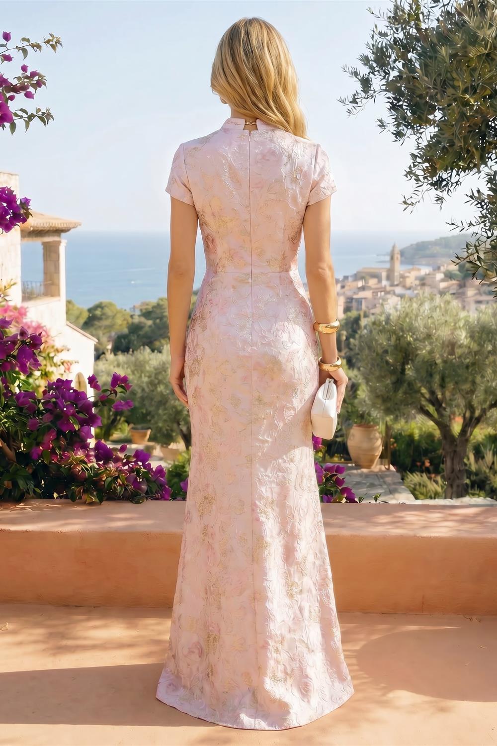 Jacquard Sheath/Column V-Neck Floor-Length Mother of the Bride & Groom Dresses with Ruched Waist (SHI22501059)