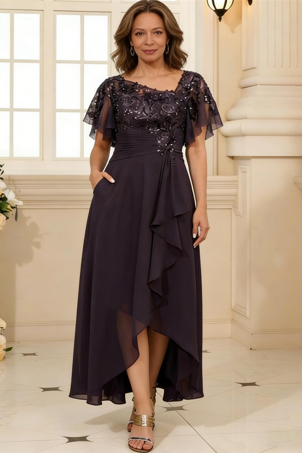 A-Line Satin V-Neck 3/4 Sleeve Mother of the Bride Dresses Floor-Length Ball Gown with Applique (SHI22500294)