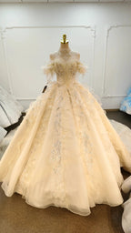 Vestido de Baile Creme com Brilho, Decote Ombro a Ombro, Saia Bordada com Cristais e Gola com Franjas
