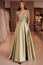 A-Line/Princess Scoop Neck Pleated Satin Evening Dresses with Sequins (SHI22500066)