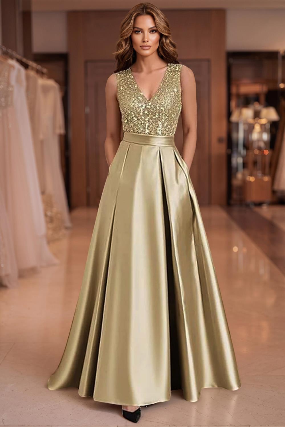 A-Line/Princess Scoop Neck Pleated Satin Evening Dresses with Sequins (SHI22500066)