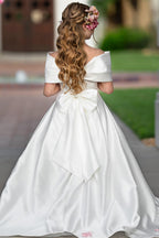 Elegant Ivory Satin Princess Ball Gown with Sweep Train and Bow for Flower Girls