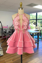 Vestido rosa de fiesta con escote halter y corte en A, estilo homecoming, Y2153