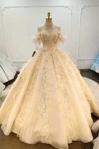 Vestido de Baile Creme com Brilho, Decote Ombro a Ombro, Saia Bordada com Cristais e Gola com Franjas