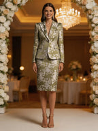 Olive Green Floral Jacquard Suit for Women — Single-Button Tailored Blazer and Knee-Length Pencil Skirt, Elegant Wedding & Evening Mother’s Dress (ZD17075)