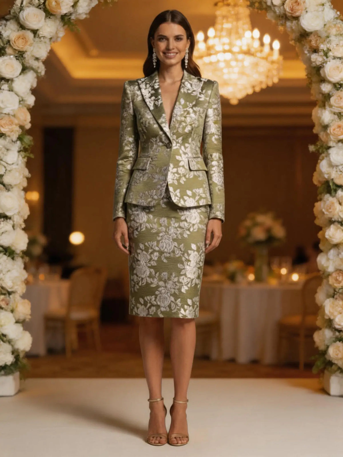 Olive Green Floral Jacquard Suit for Women — Single-Button Tailored Blazer and Knee-Length Pencil Skirt, Elegant Wedding & Evening Mother’s Dress (ZD17075)