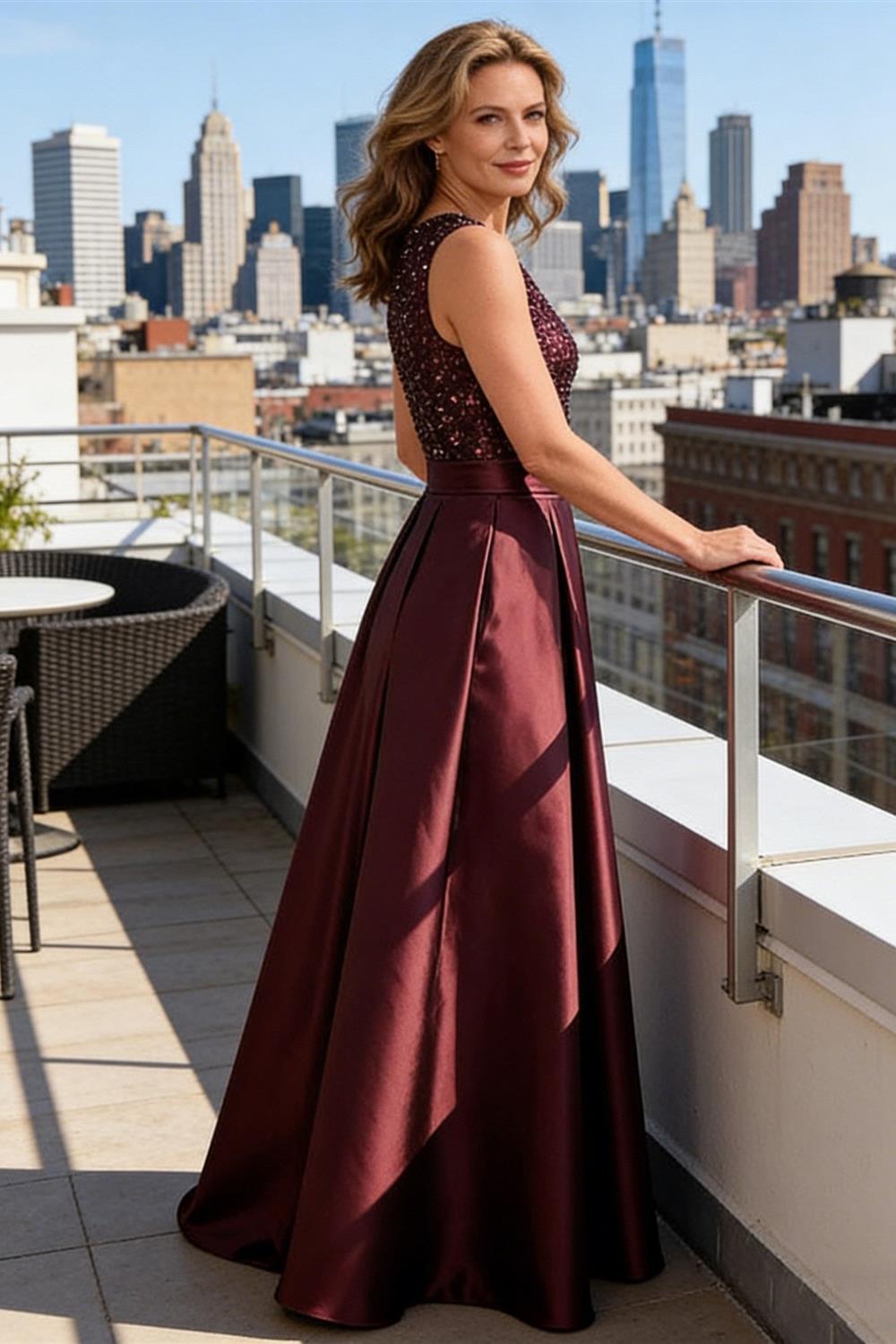 A-Line/Princess Scoop Neck Pleated Satin Evening Dresses with Sequins (SHI22500066)