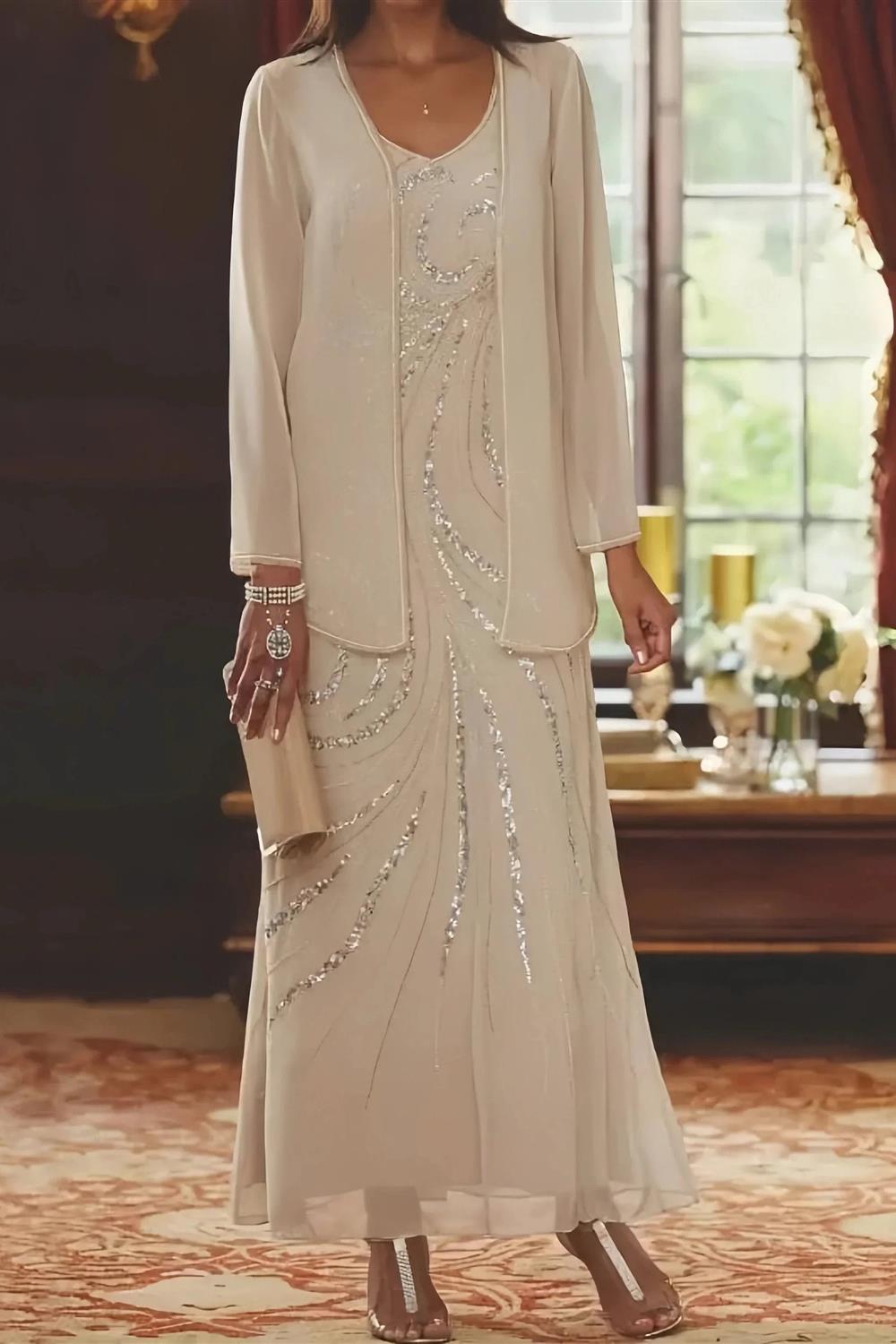 Etui-/Säulen-Kleid mit V-Ausschnitt und Knöchellänge für die Brautmutter mit Jacke und Pailletten 