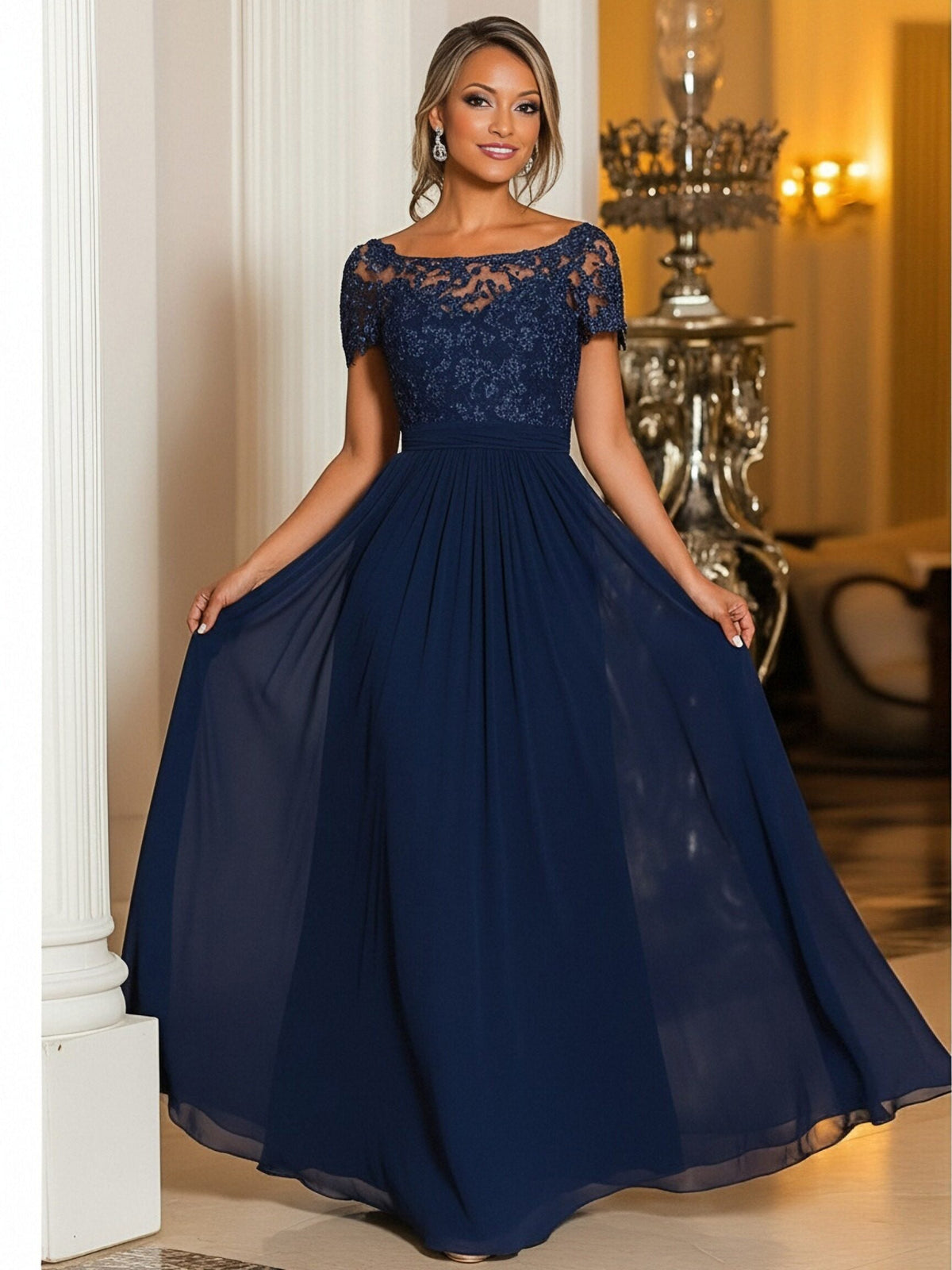 A-Line Chiffon Long Mother of the Bride & Groom Dresses with Cape Sleeves (SHI22500721)