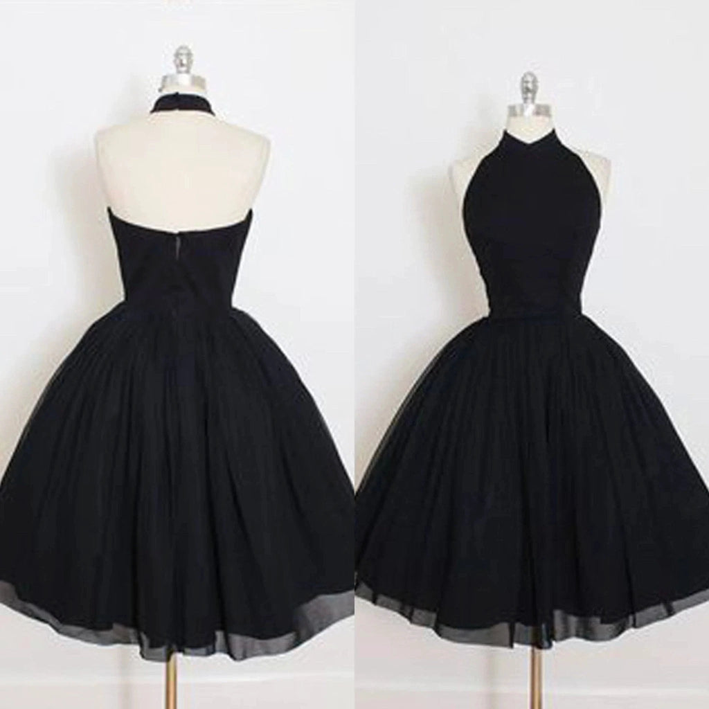 Schwarzes Neckholder-A-Linien-Ballkleid mit ärmellosem Tüll für die Mitte der Heimkehr 