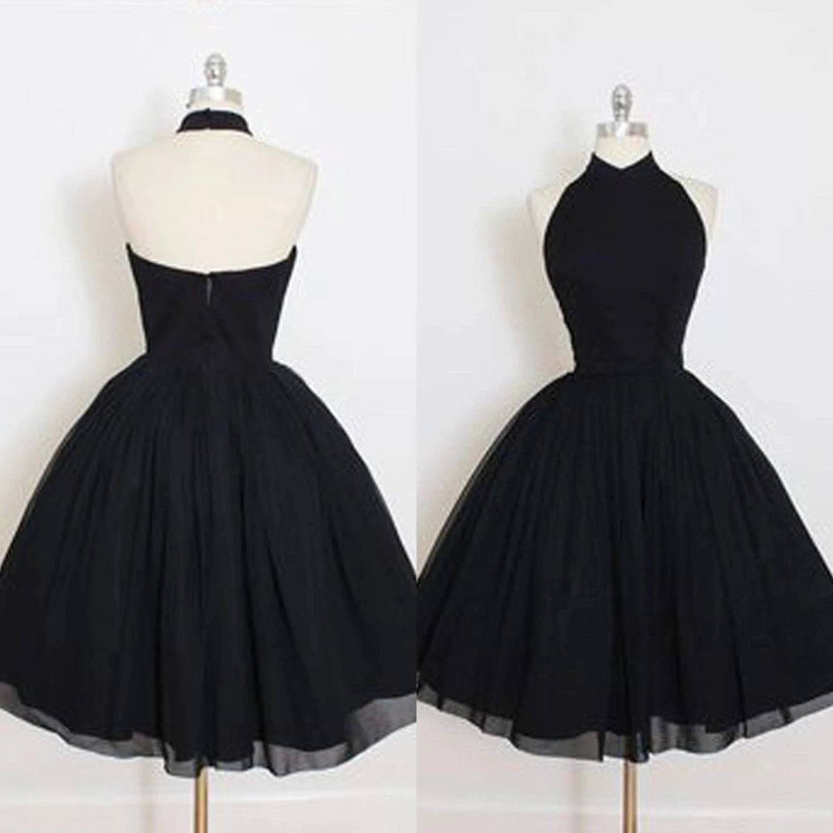 Schwarzes Neckholder-A-Linien-Ballkleid mit ärmellosem Tüll für die Mitte der Heimkehr 