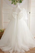 Elegant Polka Dot Tulle Puff Sleeve Sweep Train First Communion Flower Girl Dress