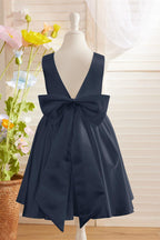 Elegant A-line Satin V-Back Bow Knee-length Flower Girl Dress