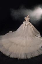 Regal Ball Gown Illusion Neckline Tulle Puff Sleeve Beaded Lace Wedding Dress with Oversized Bow Train E-304 (ZD16888)
