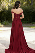 Burgundy Off-the-Shoulder Lace Evening Gown with Train (ZD16782)