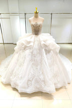 White Gleam Strapless Ballgown Beaded Bust & Ruffled Train (ZD16779)