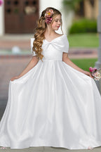 Elegant Ivory Satin Princess Ball Gown with Sweep Train and Bow for Flower Girls
