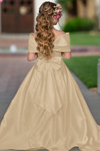 Elegant Ivory Satin Princess Ball Gown with Sweep Train and Bow for Flower Girls