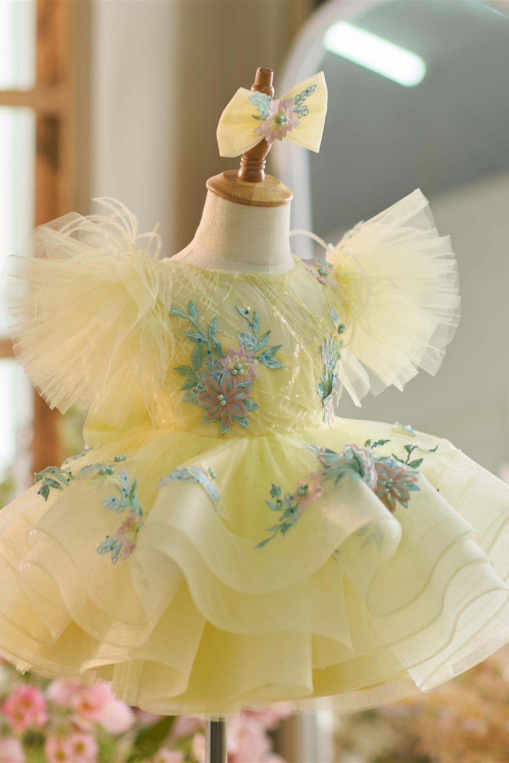 Floral Embroidery Puffy Sleeves Tulle Knee-length Baby Girl Dress