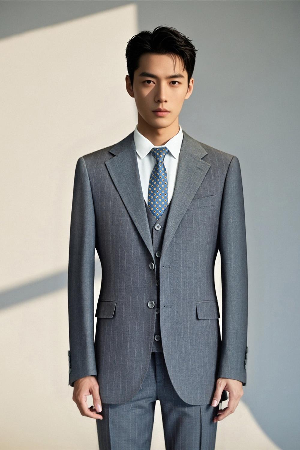 Traje de Tres Piezas en Lana Gris con Rayas Sútil para Novios y Negocios