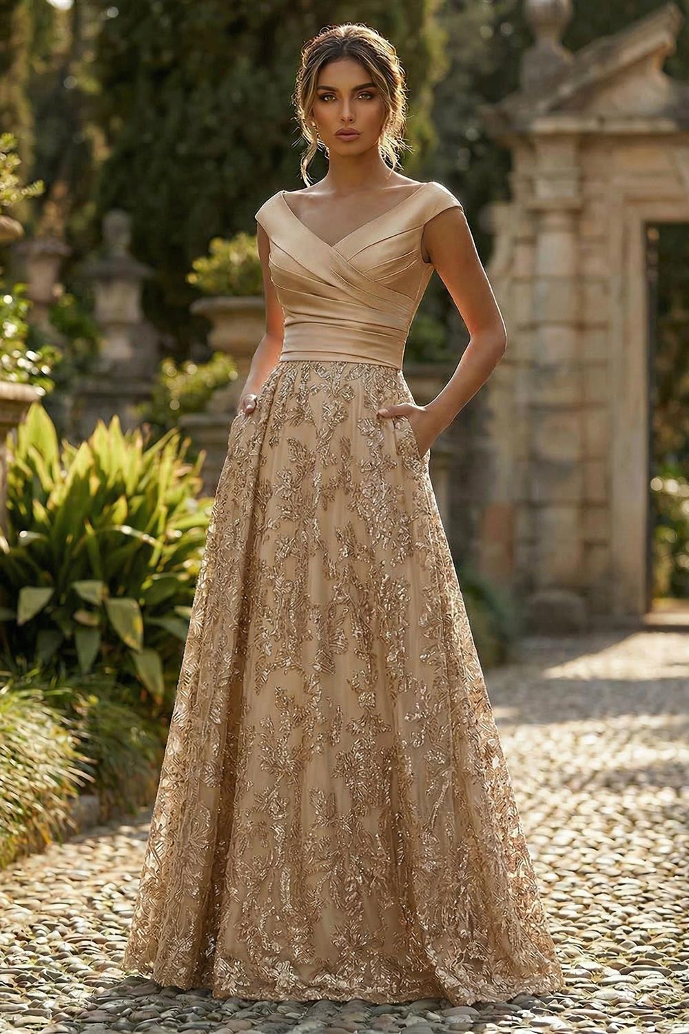 A-Line Floral Sequin Lace Floor-Length Mother of the Bride & Groom Dresses with Ruched Satin Bodice (SHI22500639)