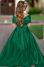 Elegant Ivory Satin Princess Ball Gown with Sweep Train and Bow for Flower Girls