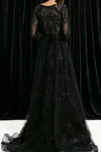 Robe de soirée longue à manches longues en dentelle noire brodée, col en V, jupe en tulle avec traîne, robe de cérémonie