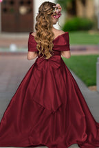 Elegant Ivory Satin Princess Ball Gown with Sweep Train and Bow for Flower Girls