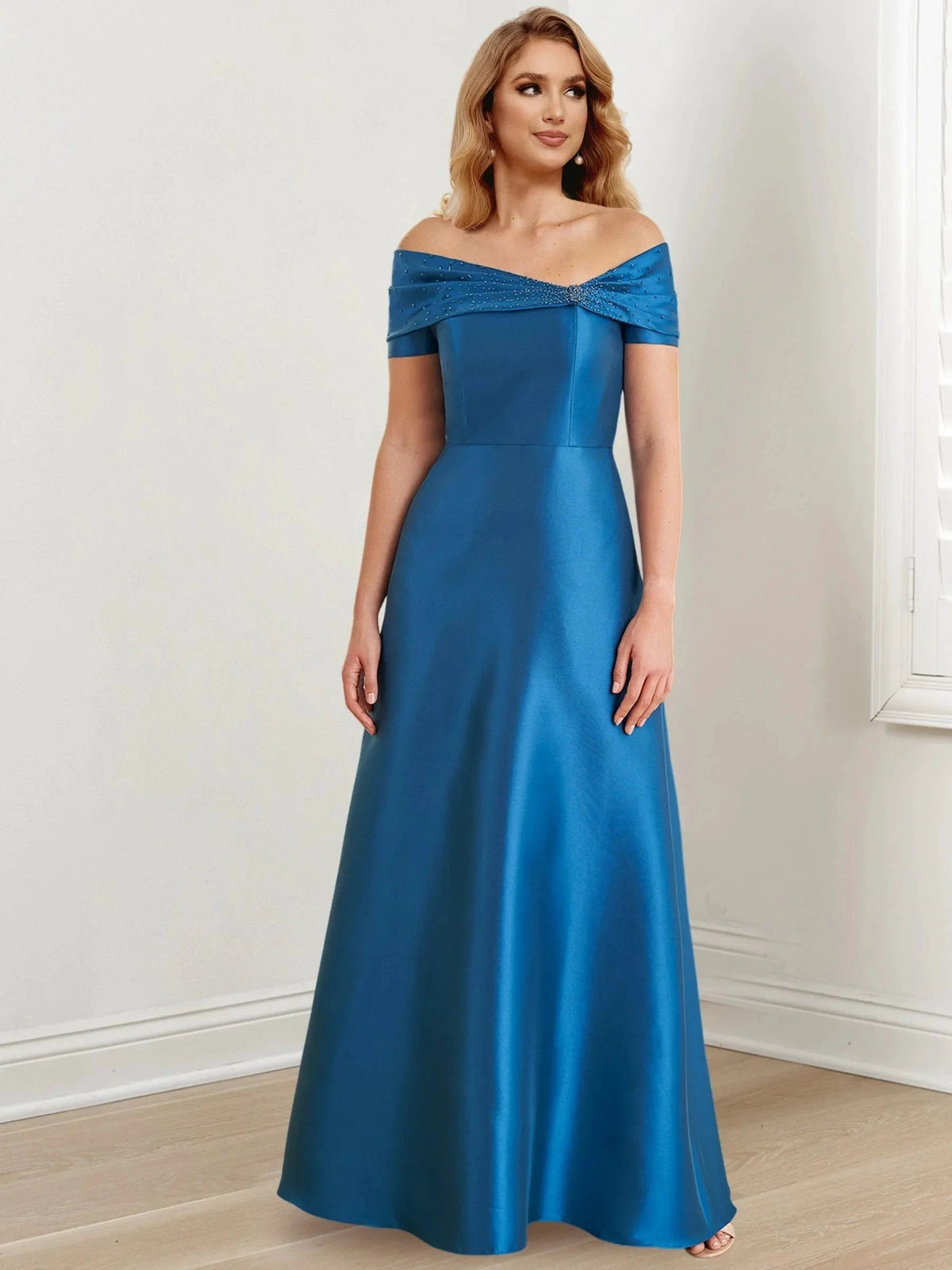 Abito da madre della sposa a linea ad A/principessa, lungo fino a terra, con scollo a spalle scoperte