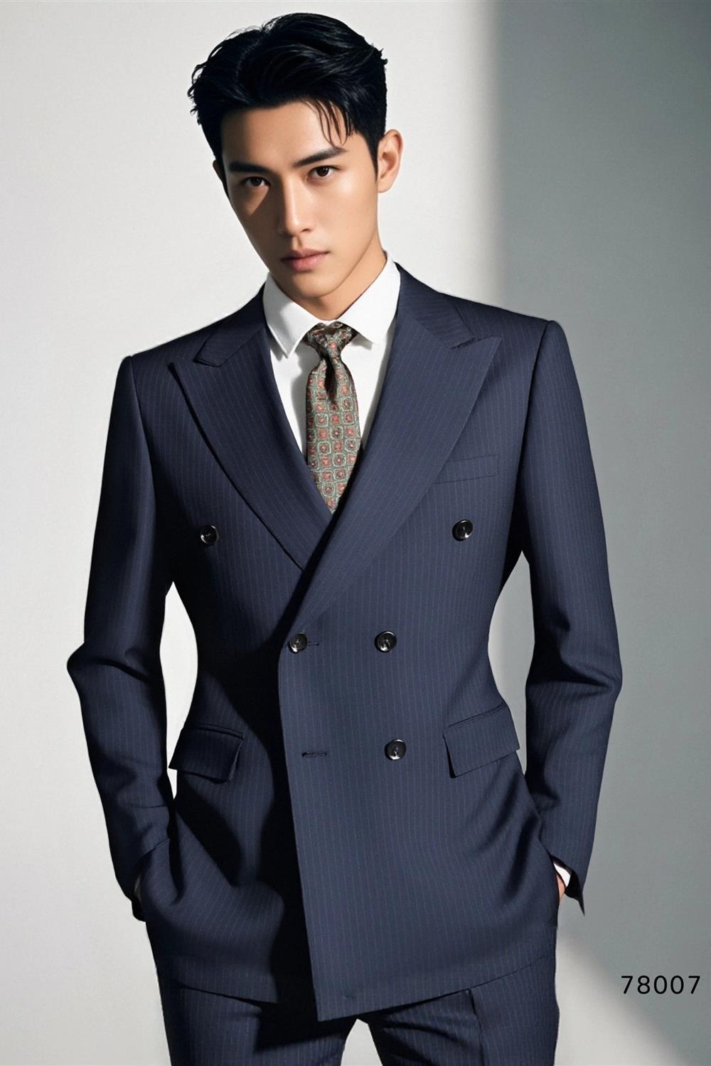 Traje Formal de Lana Azul Marino con Rayas y Doble Botonadura para Novios y Negocios