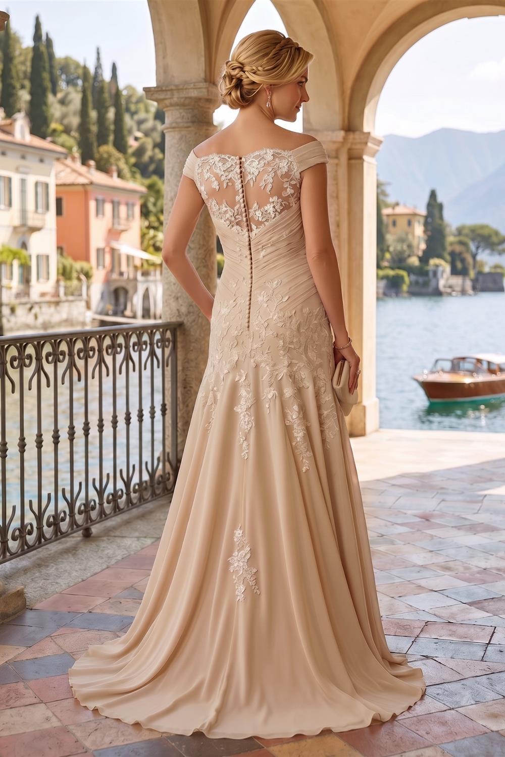 2-Piece A-Line Chiffon 3/4 Sleeves Mother of the Bride & Groom Dresses with Scalloped V-Neck Lace Bodice (SHI22500637)