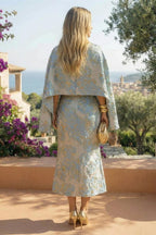 A Line V-Neck Stand Collar Half Sleeve Tea-Length Mother of the Bride Dresses with Jacquard (SHI22500307)