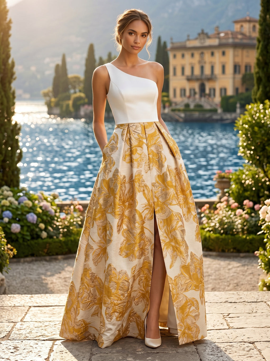 A Line V-Neck Stand Collar Half Sleeve Tea-Length Mother of the Bride Dresses with Jacquard (SHI22500307)