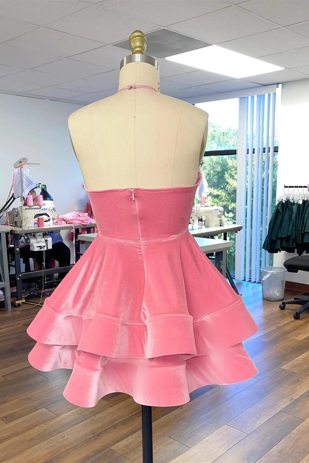 Vestido rosa de fiesta con escote halter y corte en A, estilo homecoming, Y2153