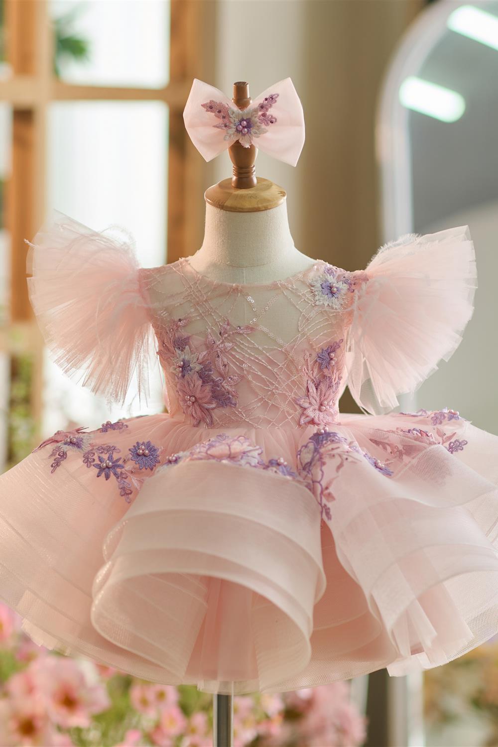 Floral Embroidery Puffy Sleeves Tulle Knee-length Baby Girl Dress