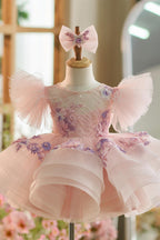 Floral Embroidery Puffy Sleeves Tulle Knee-length Baby Girl Dress