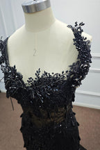 Luxury Black Sequin Mermaid Prom Dress – Illusion Corset Bodice with 3D Beaded Lace & Off-the-Shoulder Detail | 2026 Gothic Glamour Evening Collection (ZD17397)