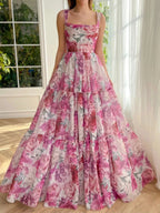A Line Floral Pink Long Prom Dress by KissProm