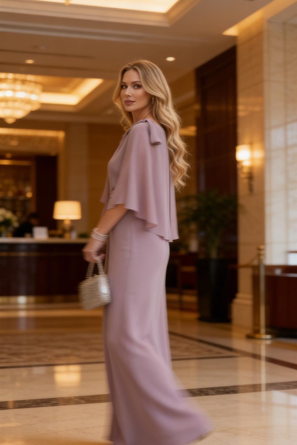 Sheath/Column Scoop Neck Floor-Length Mother of the Bride Dresses with Asymmetical Cape (SHI22500011)