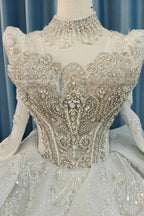 Magnifique robe de bal de mariage à col montant ornée de sequins avec broderie en cristal et manches longues transparentes Ye-2021