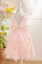 Elegant A-line Satin V-Back Bow Knee-length Flower Girl Dress