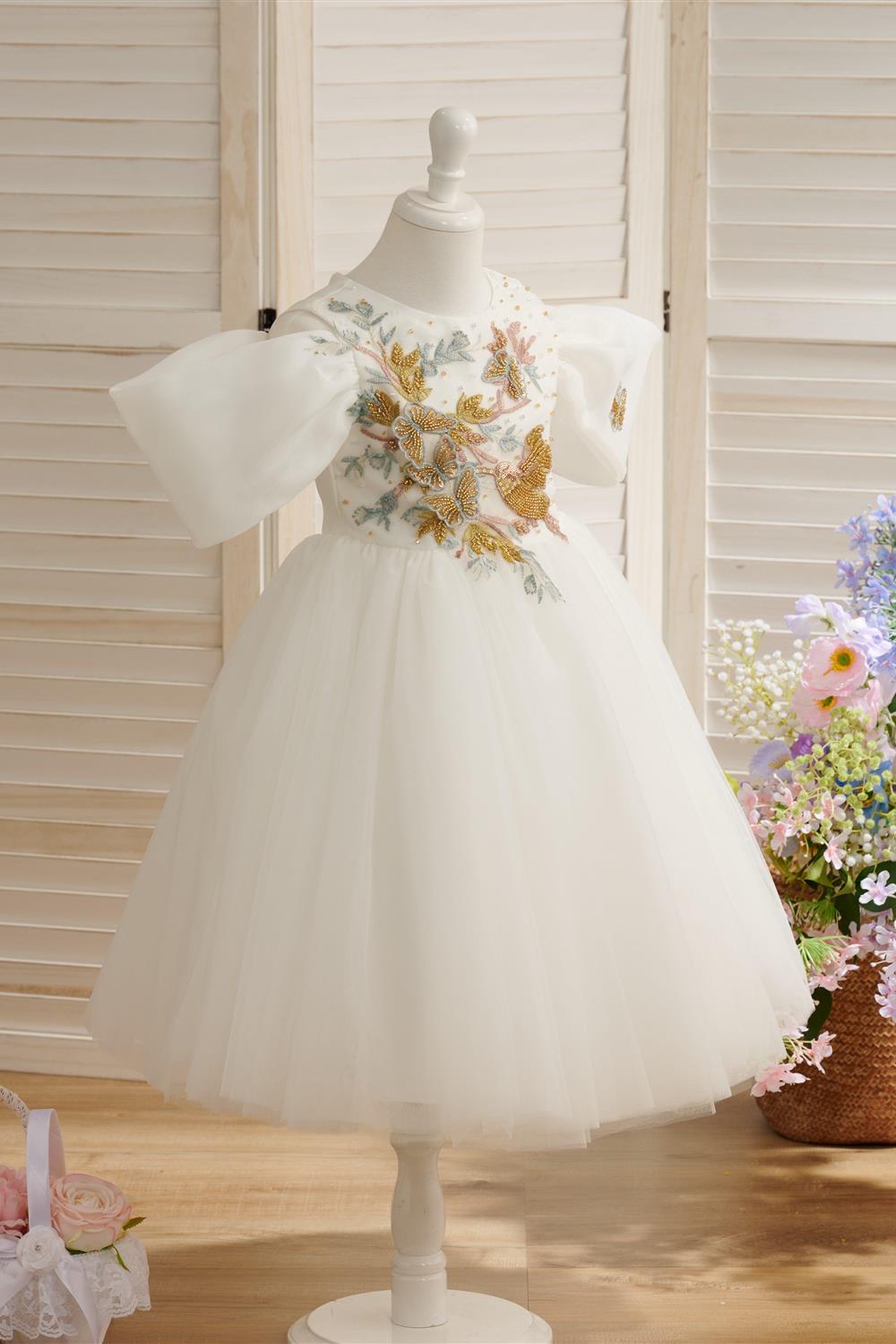 Tulle Organza Tea-length Flower Girl Dress