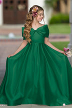 Elegant Ivory Satin Princess Ball Gown with Sweep Train and Bow for Flower Girls