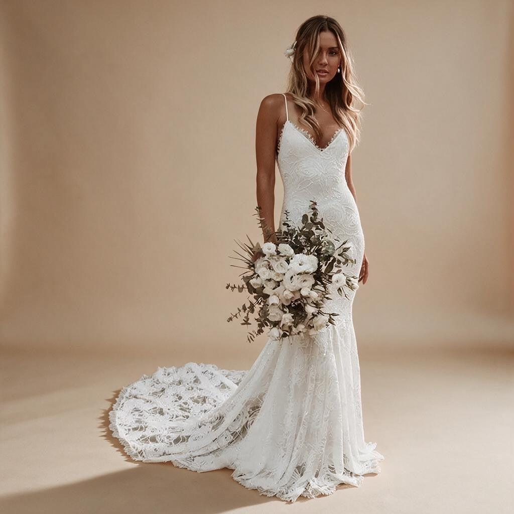 Boho Mermaid V-Neck Wedding Dress - view 1