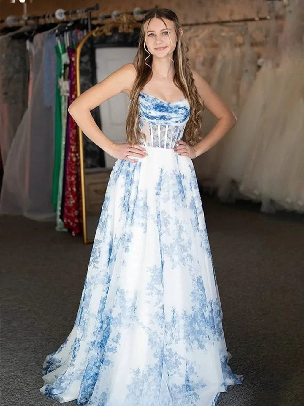 Inez | A-Line Strapless Blue Floral Print Long Prom Dresses by KissProm