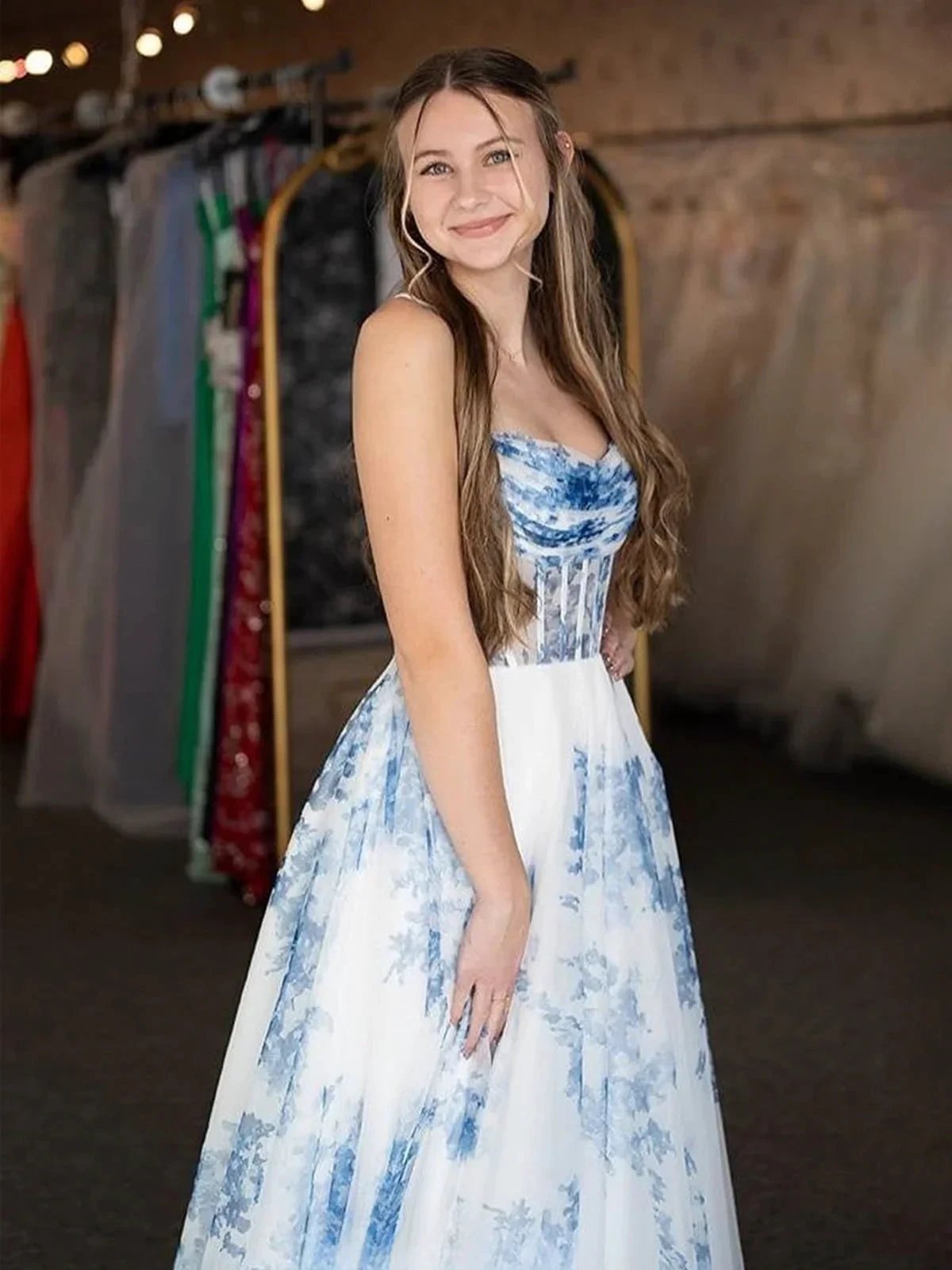Inez | A-Line Strapless Blue Floral Print Long Prom Dresses by KissProm