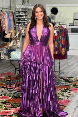 Ingemar | Purple Metallic A-Line Tiered V-Neck Sleeveless Prom Dress With Slit by KissProm